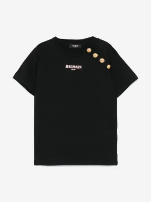 Balmain Mädchen Logo T-Shirt mit Knopfleiste in Schwarz