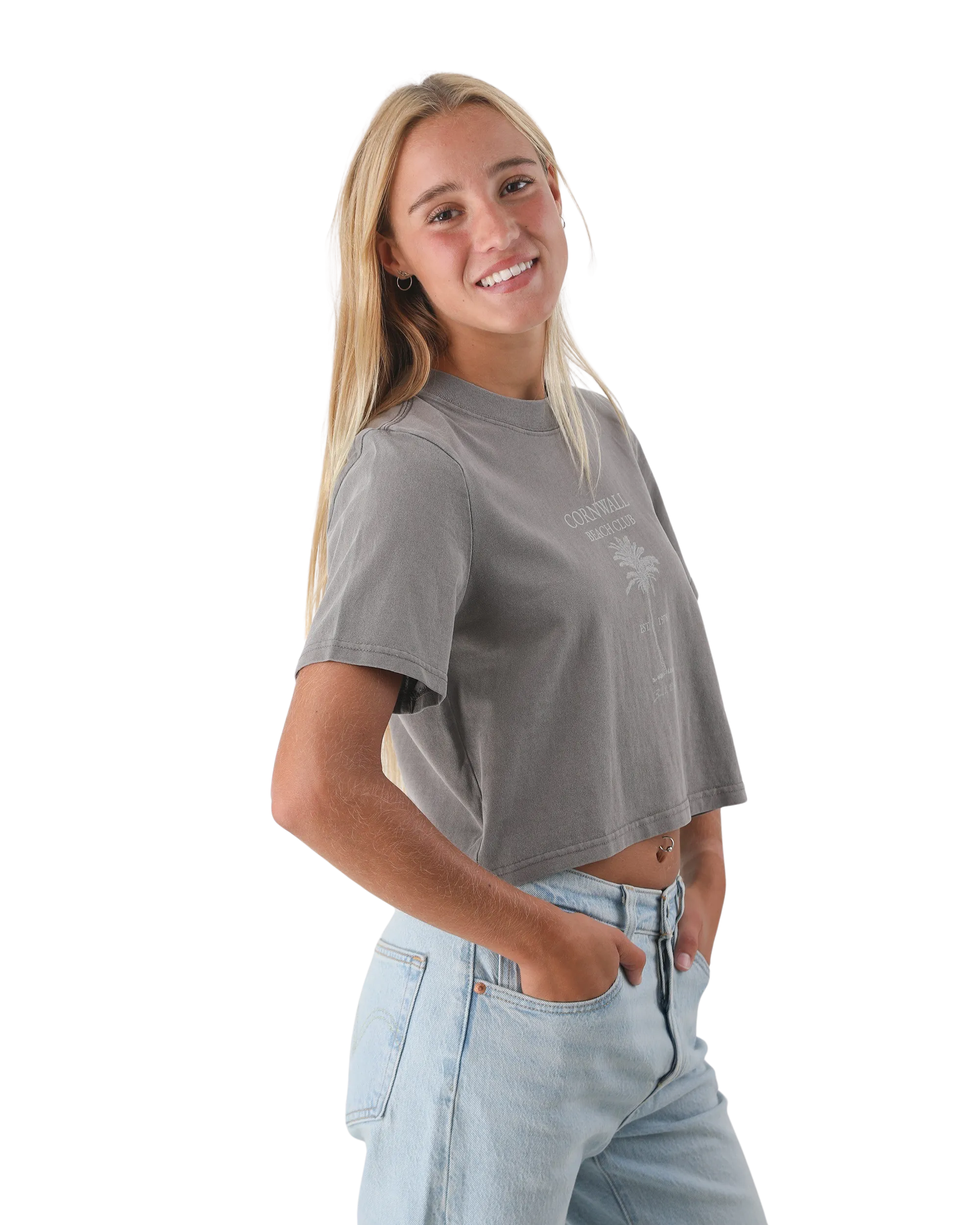 Beach Club Crop T-Shirt in Verblasstem Grau