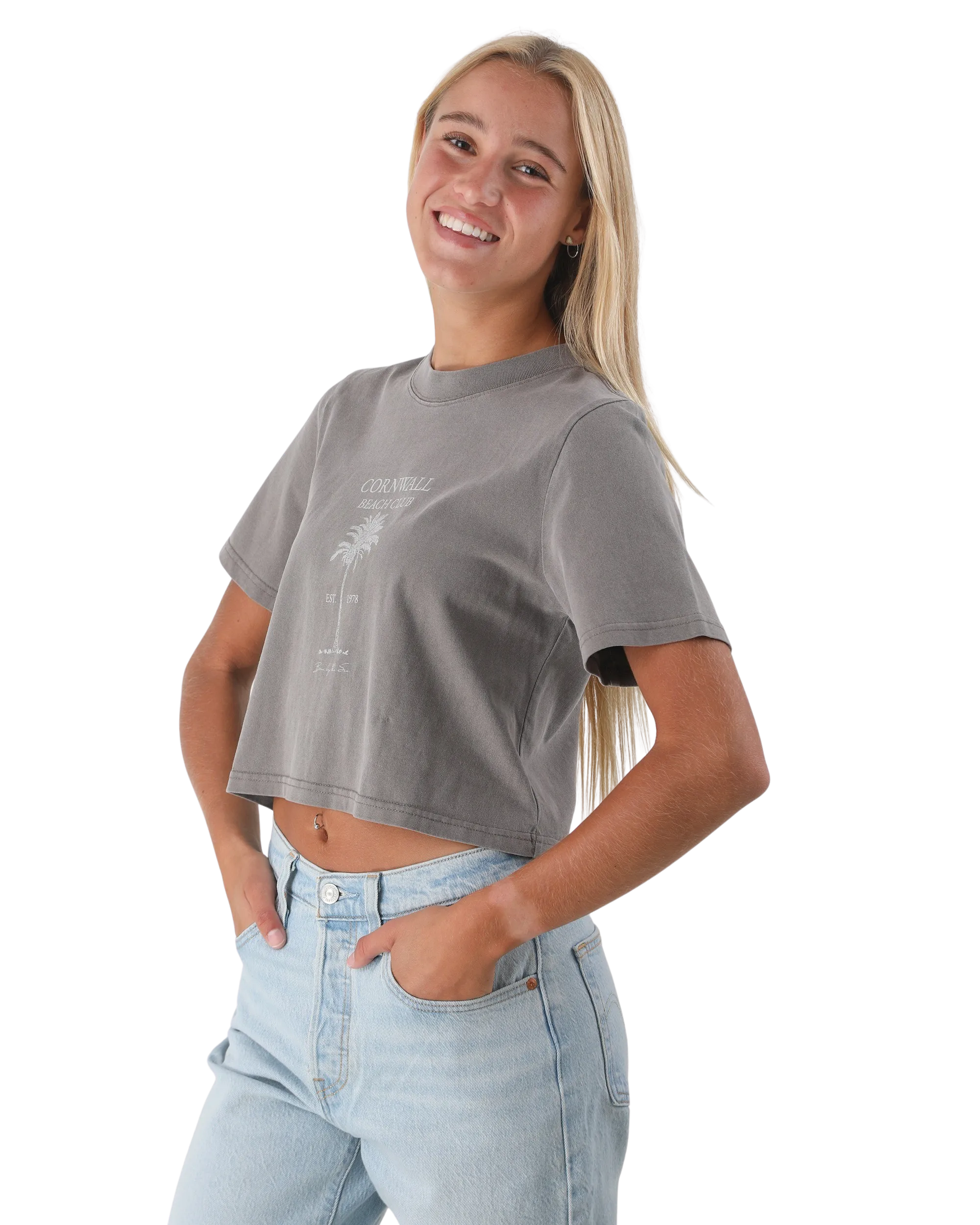Beach Club Crop T-Shirt in Verblasstem Grau