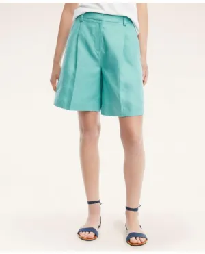 Brooks Brothers Damen Leinen Plisseé Shorts Grün Brooks Brothers