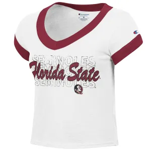 Champion Damen Seminoles Florida State/Seminole Logo Design Kurzarm Crop Ringer T-Shirt - Weiß/Granat Champion Kleidung Damen