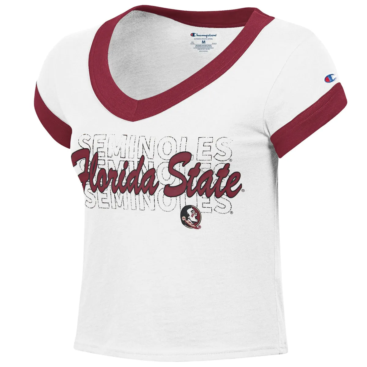 Champion Damen Seminoles Florida State/Seminole Logo Design Kurzarm Crop Ringer T-Shirt - Weiß/Granat Champion Kleidung Damen