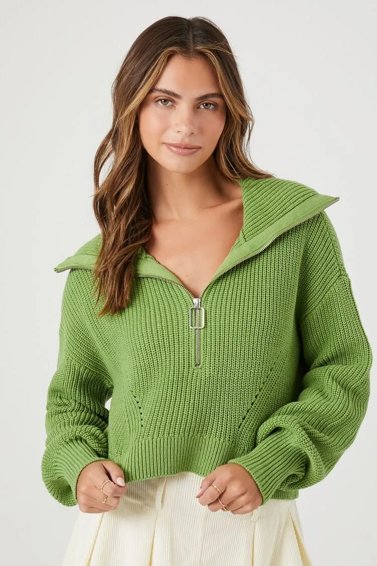 Forever 21 Strickpullover für Damen mit halbem Reißverschluss und Rippenmuster in Pfeffergrün Forever 21