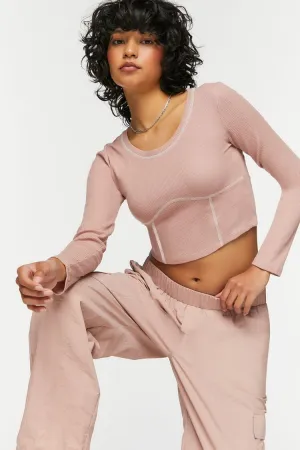 Forever 21 Damen Langarm-Crop-Top mit Kontrastnähten in Rosa Forever 21