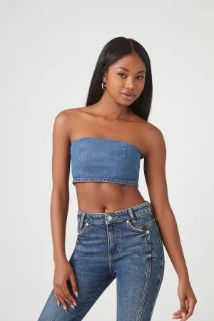 Forever 21 Damen Denim Rohschnitt Cropped Röhrenoberteil Mittel Denim Forever 21