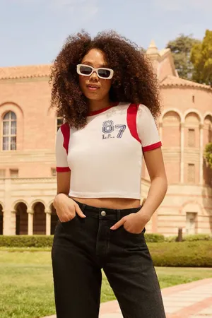 Forever 21 Damen LA Grafik Crop-T-Shirt Weiß/Mehrfarbig Forever 21