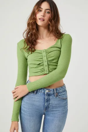 Forever 21 Damen Rüschen-Rippenstrick-Crop-Top Pfeffergrün Forever 21