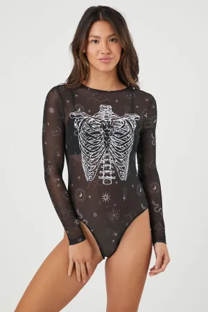 Forever 21 Damen Sheer Skeleton Graphic Bodysuit Schwarz/Weiß Forever 21