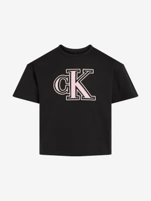 Mädchen Monogramm Flock Boxy T-Shirt in Schwarz