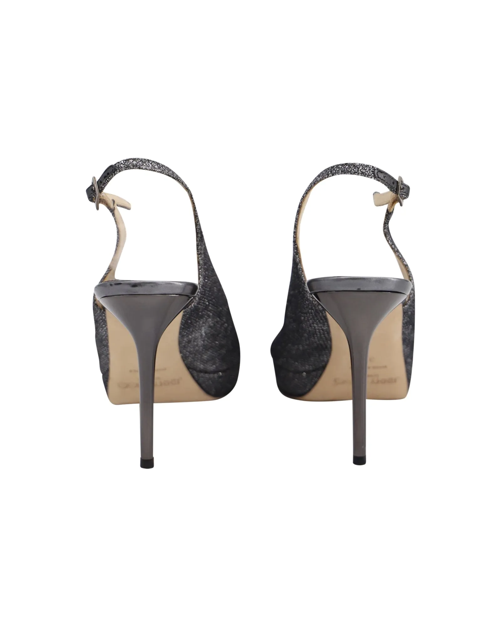 Jimmy Choo Gunmetal Glitzer Slingback Pumps mit offener Spitze in Silber Leder