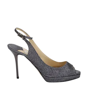 Jimmy Choo Gunmetal Glitzer Slingback Pumps mit offener Spitze in Silber Leder