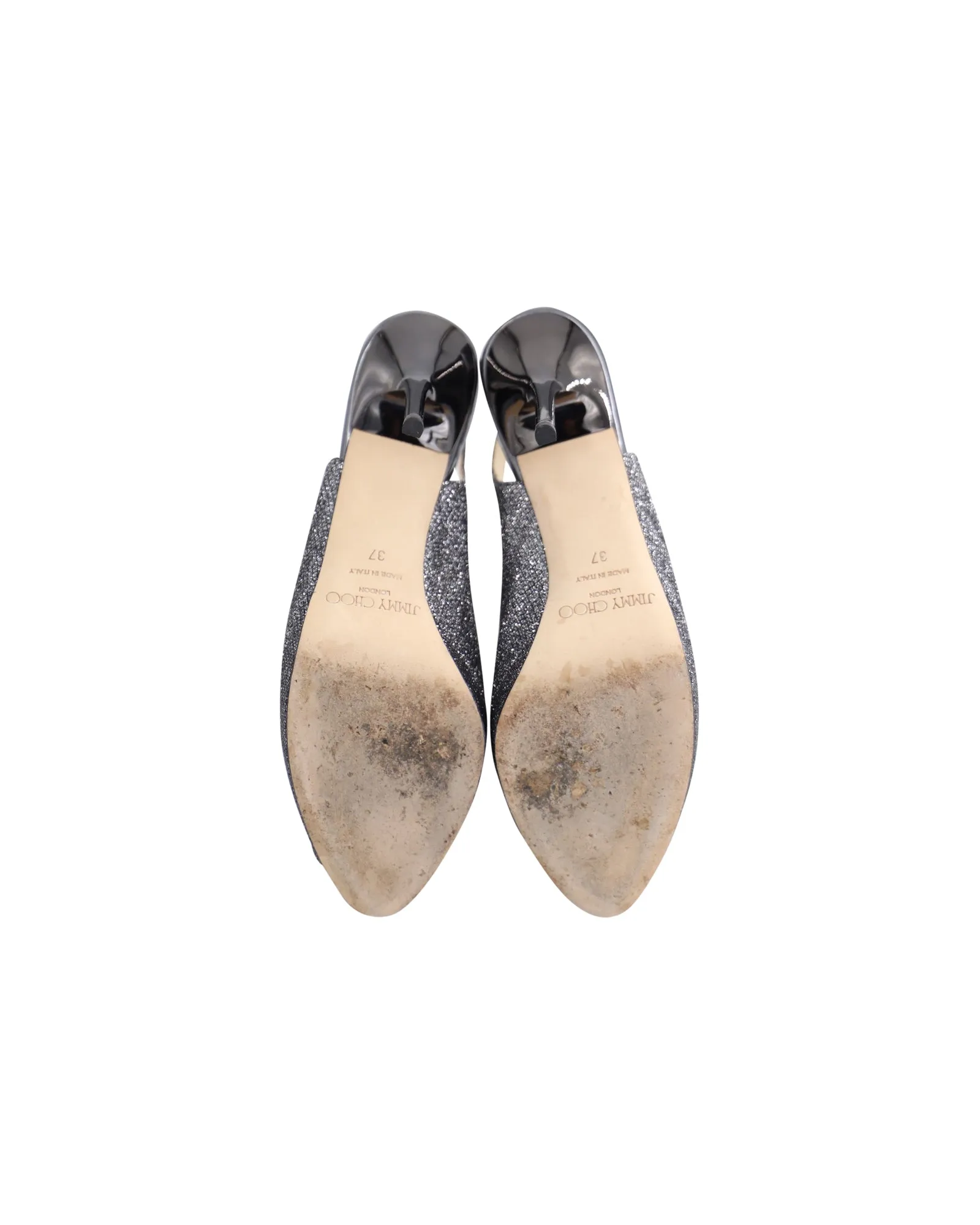 Jimmy Choo Gunmetal Glitzer Slingback Pumps mit offener Spitze in Silber Leder