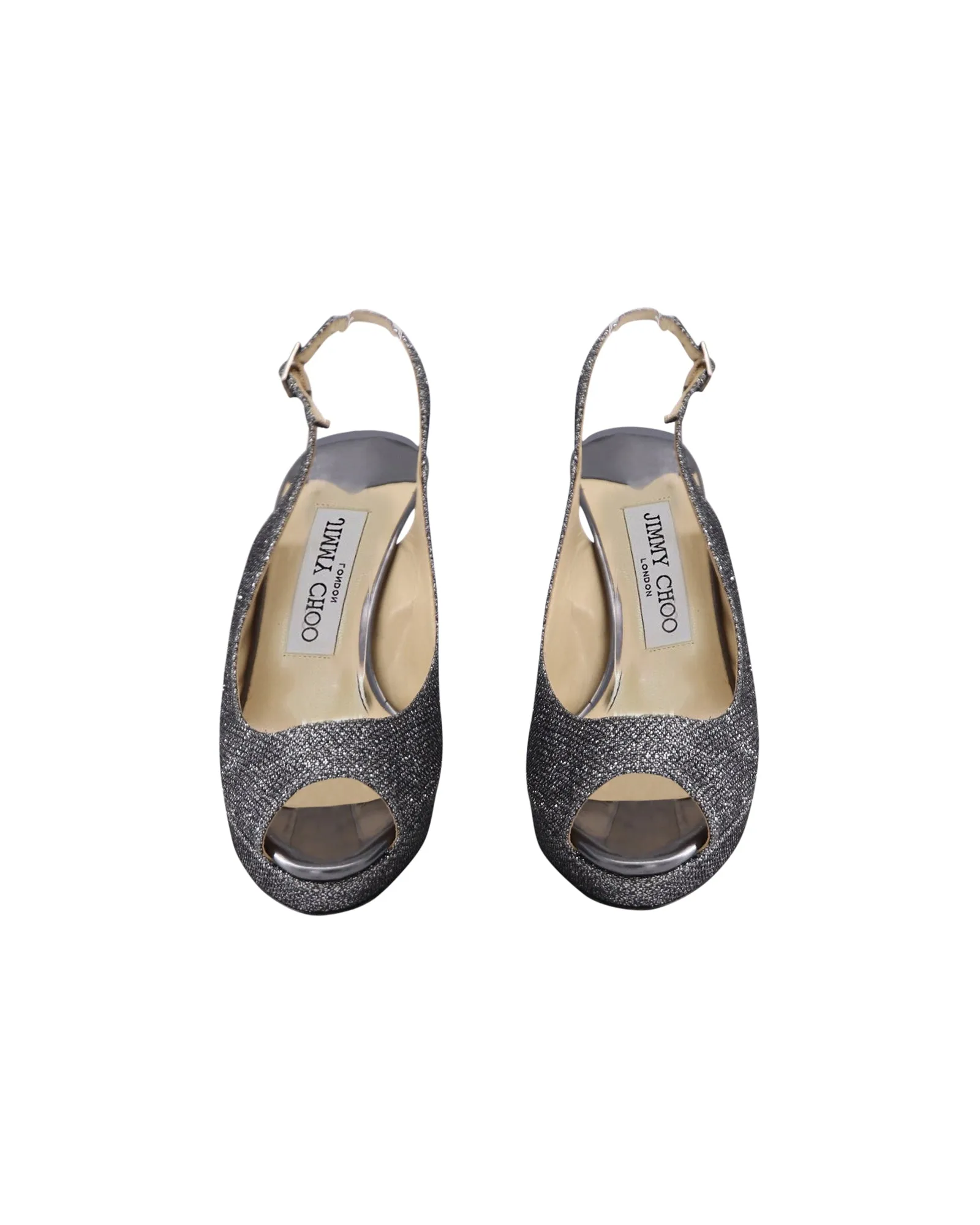 Jimmy Choo Gunmetal Glitzer Slingback Pumps mit offener Spitze in Silber Leder