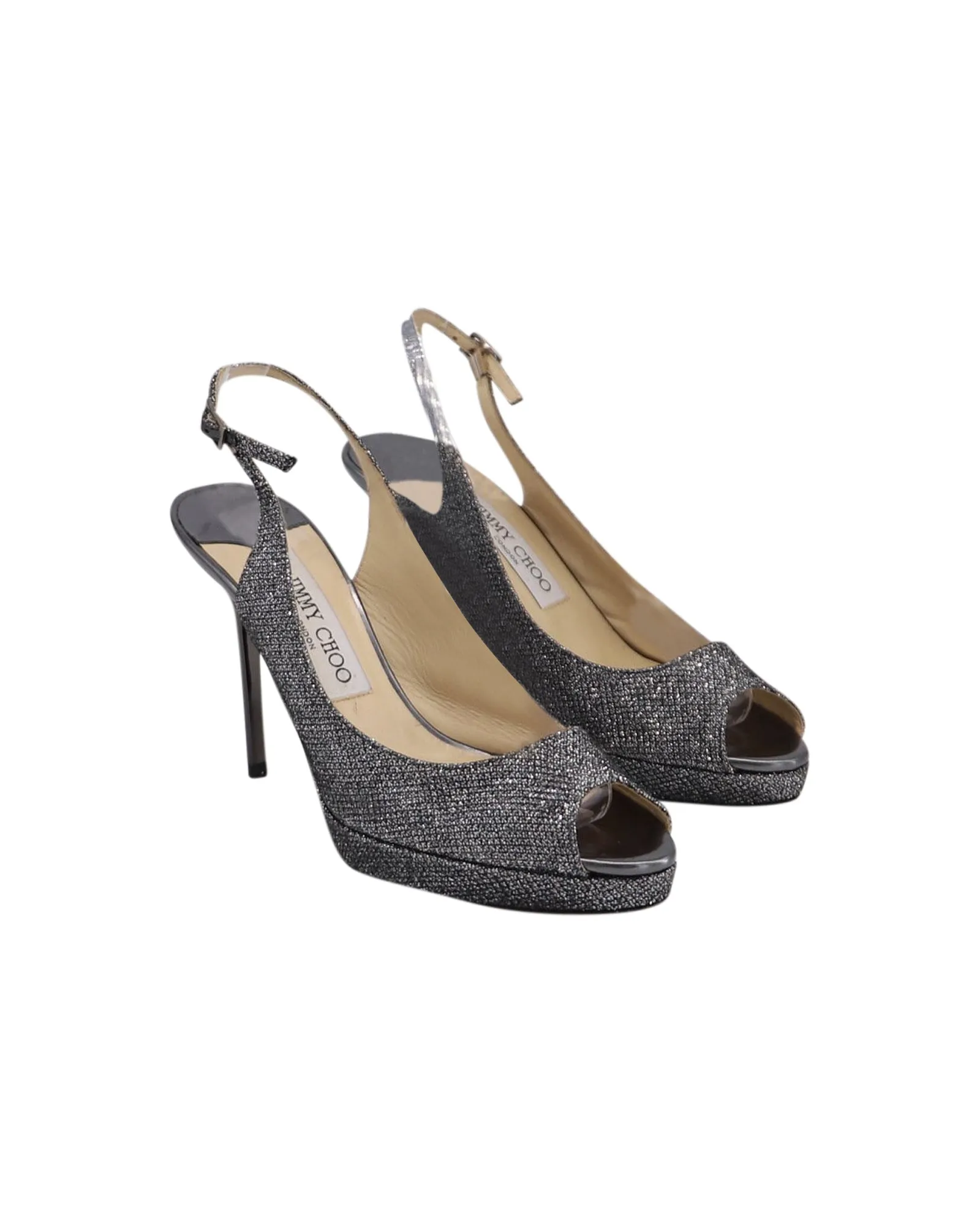Jimmy Choo Gunmetal Glitzer Slingback Pumps mit offener Spitze in Silber Leder