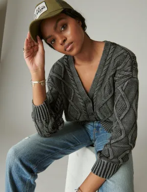 Lucky Brand Cable Stitch Cardigan Schwarz Schwer Säuregewaschen Lucky Brand