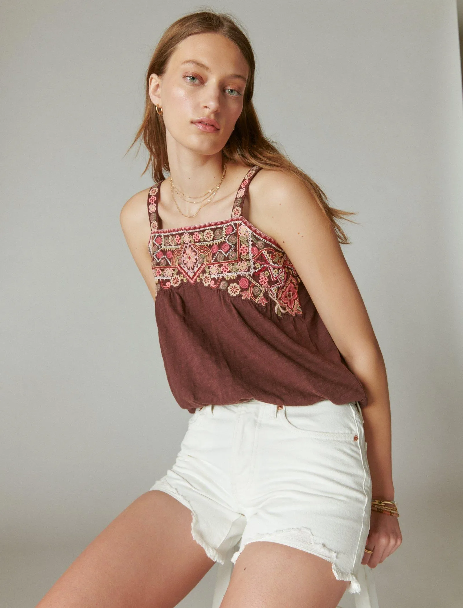 Lucky Brand Blumenbesticktes Bubble Tank French Roast Lucky Brand