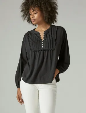 Lucky Brand Langarm-Bluse mit Piqué-Absteppungen und Passe in Tiefschwarz Lucky Brand