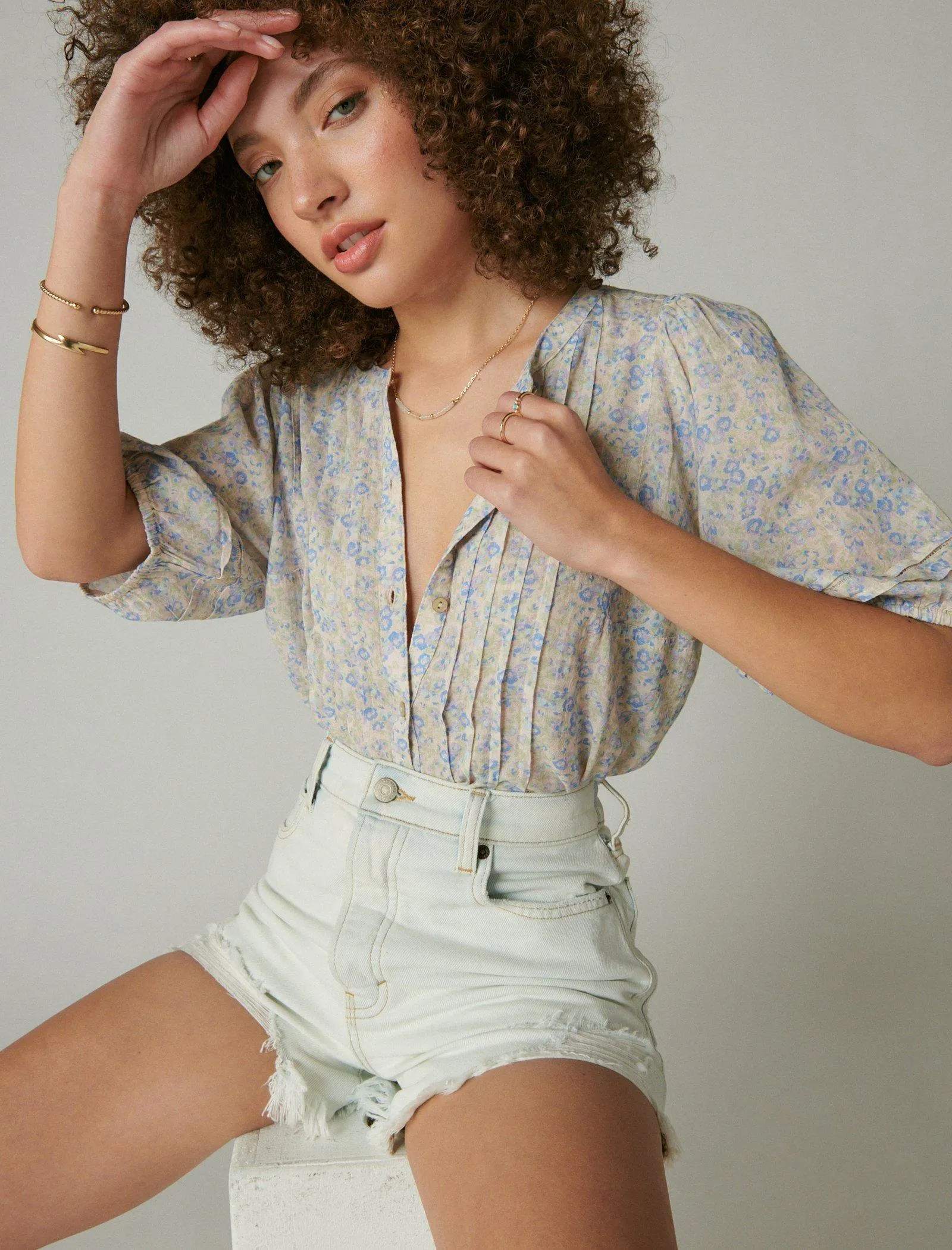 Lucky Brand Pintuck Bauernbluse Creme Mehrfarbig Lucky Brand