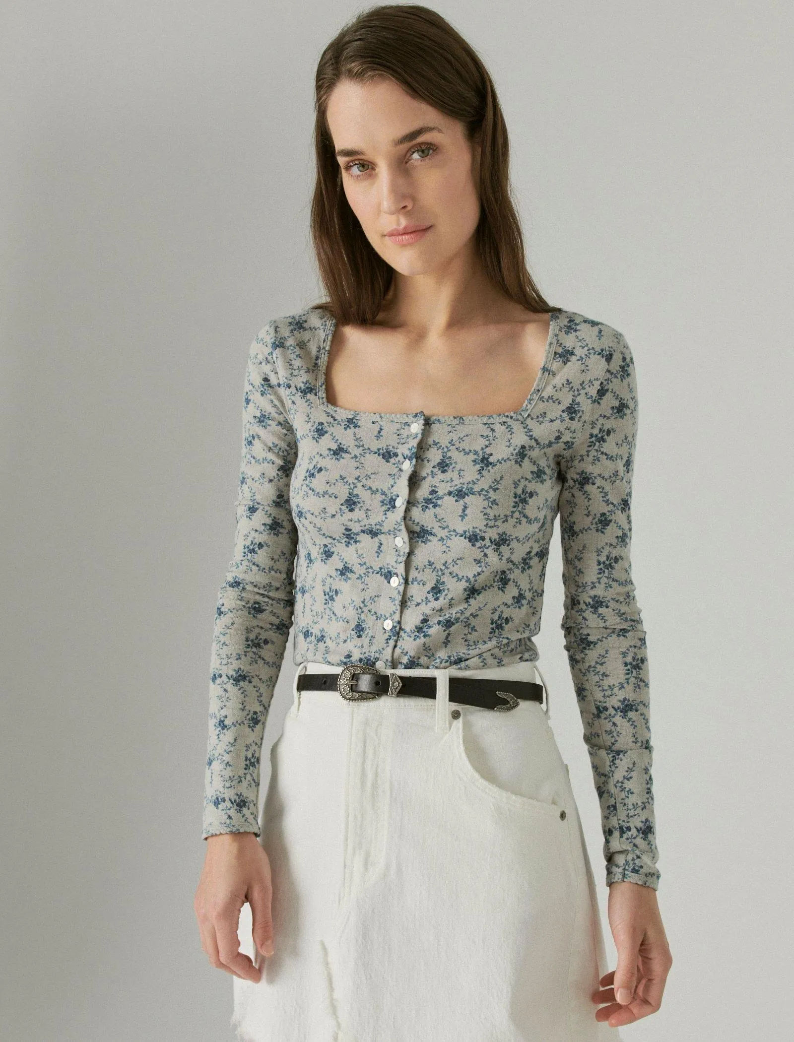 Lucky Brand Pointelle Cardigan Top Blau Blumenmuster Lucky Brand