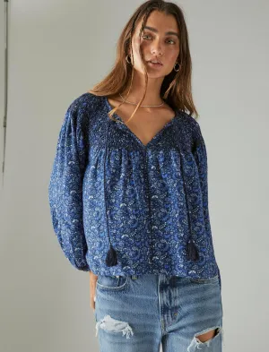 Lucky Brand Gedruckte Bauerbluse mit Rüschenbesatz Indigo Multi Lucky Brand