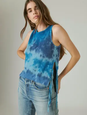 Lucky Brand Ärmelloses Seitengebundenes Hi-Low Tanktop Blau Tye Dye Lucky Brand