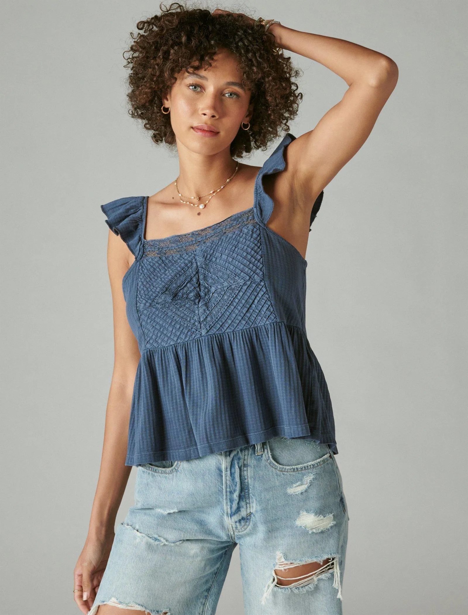 Lucky Brand Texturiertes Joch-Peplum-Top Dunkelblau Lucky Brand
