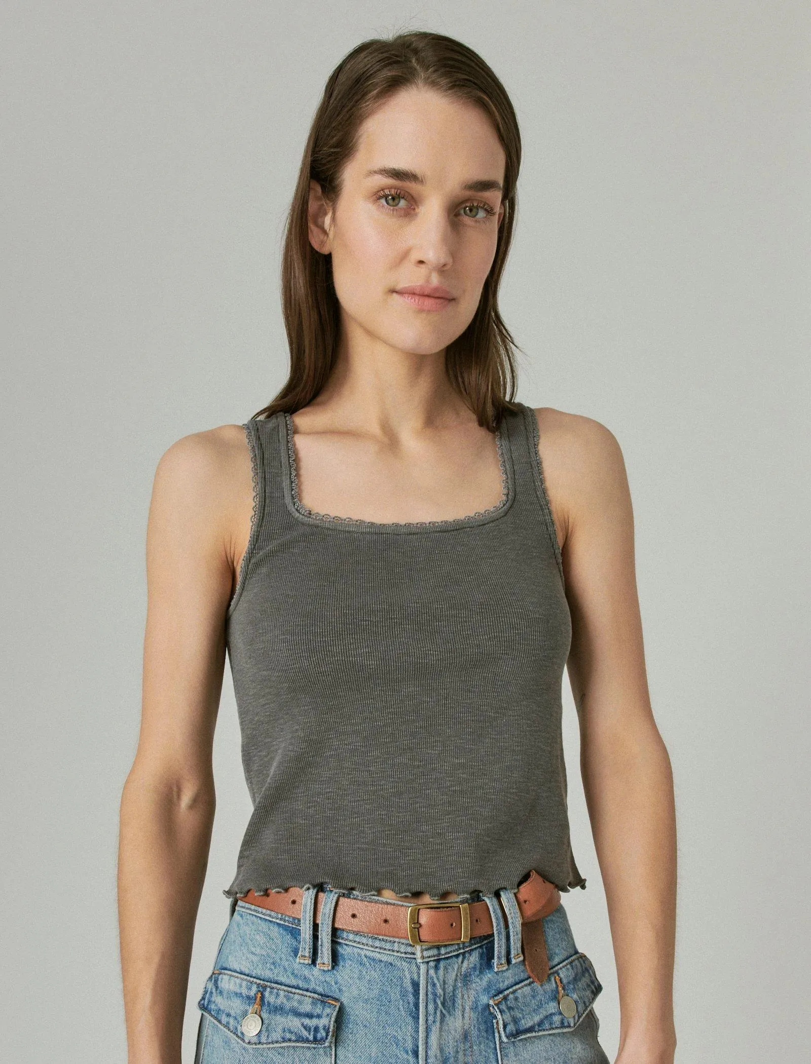 Lucky Brand Touch Of Lace Tank Asphalt Lucky Brand
