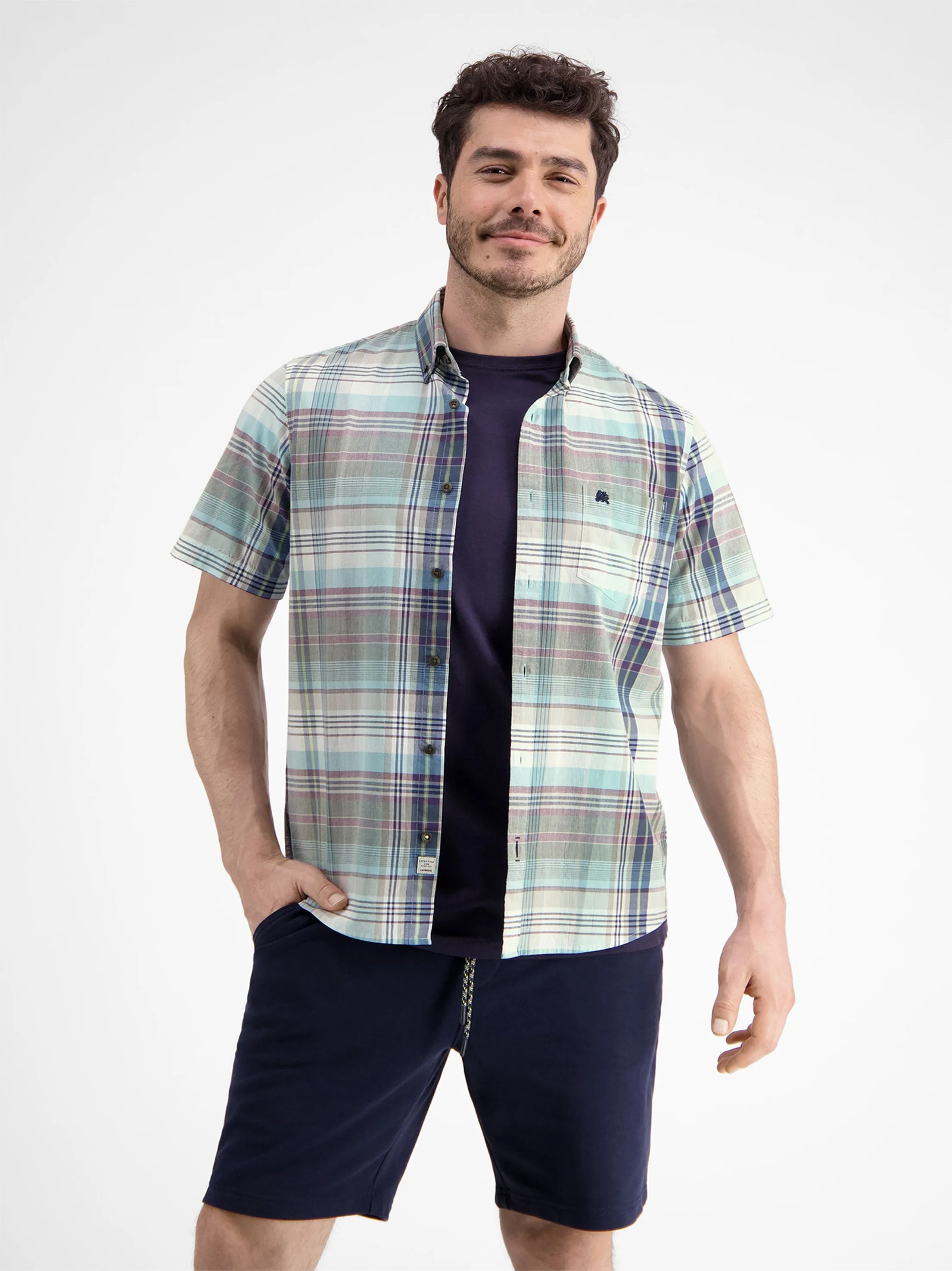 Herren Markenlogo Besticktes Karo-Hemd, Mehrfarbig
