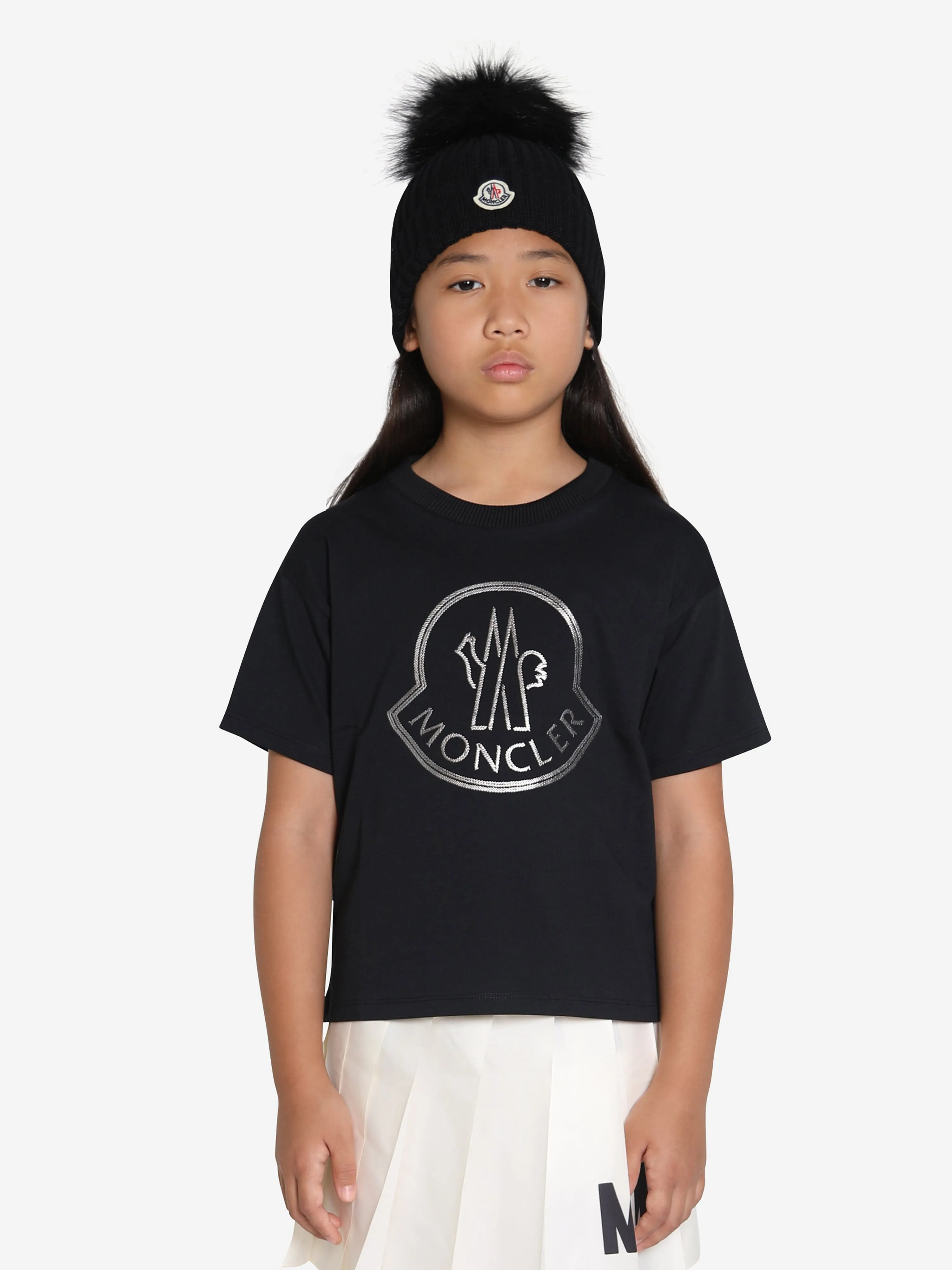 Moncler Enfant Mädchen Logo Print T-Shirt in Schwarz