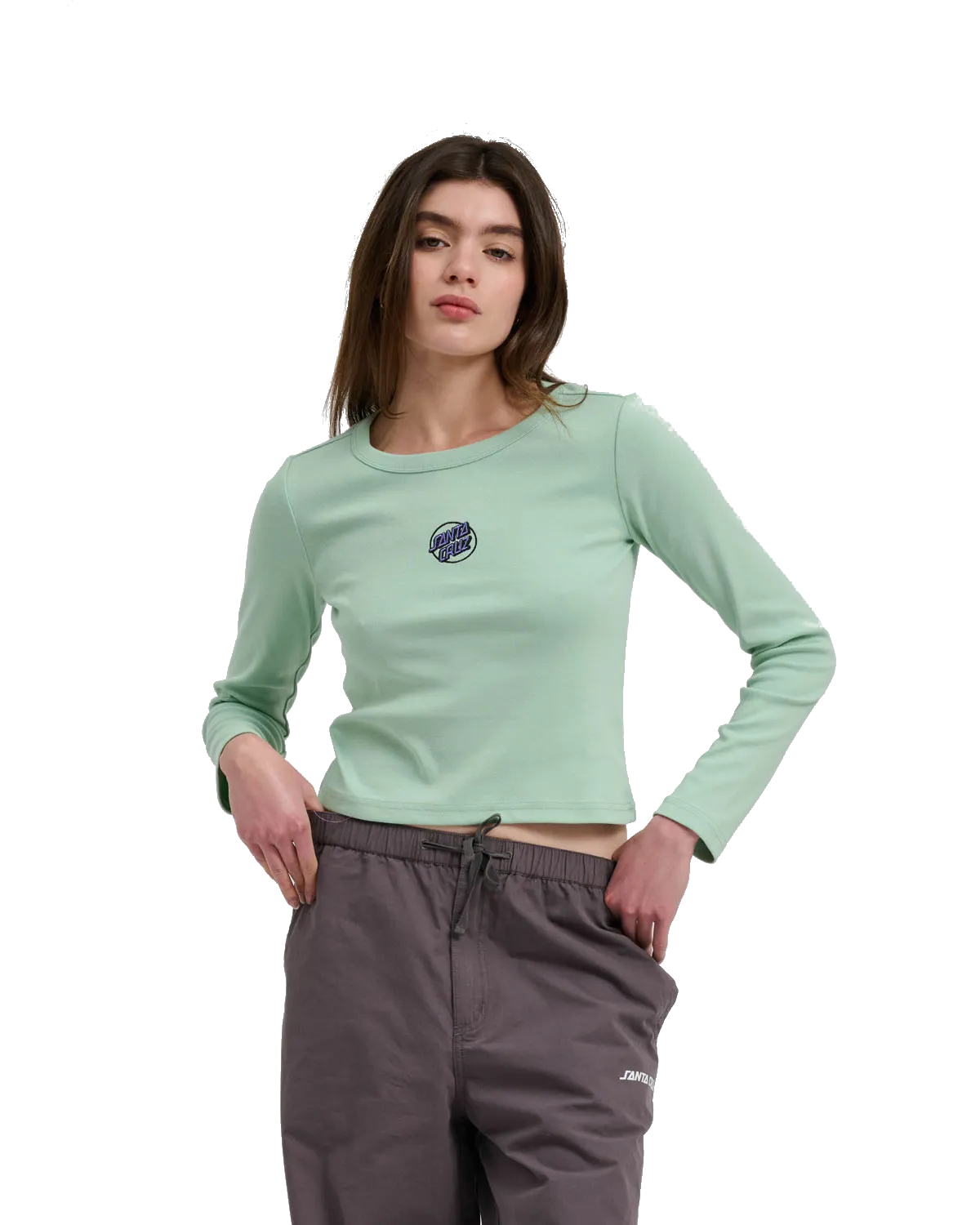 Partiell gepunktete Stickerei Langarm-T-Shirt in Blassem Salbei