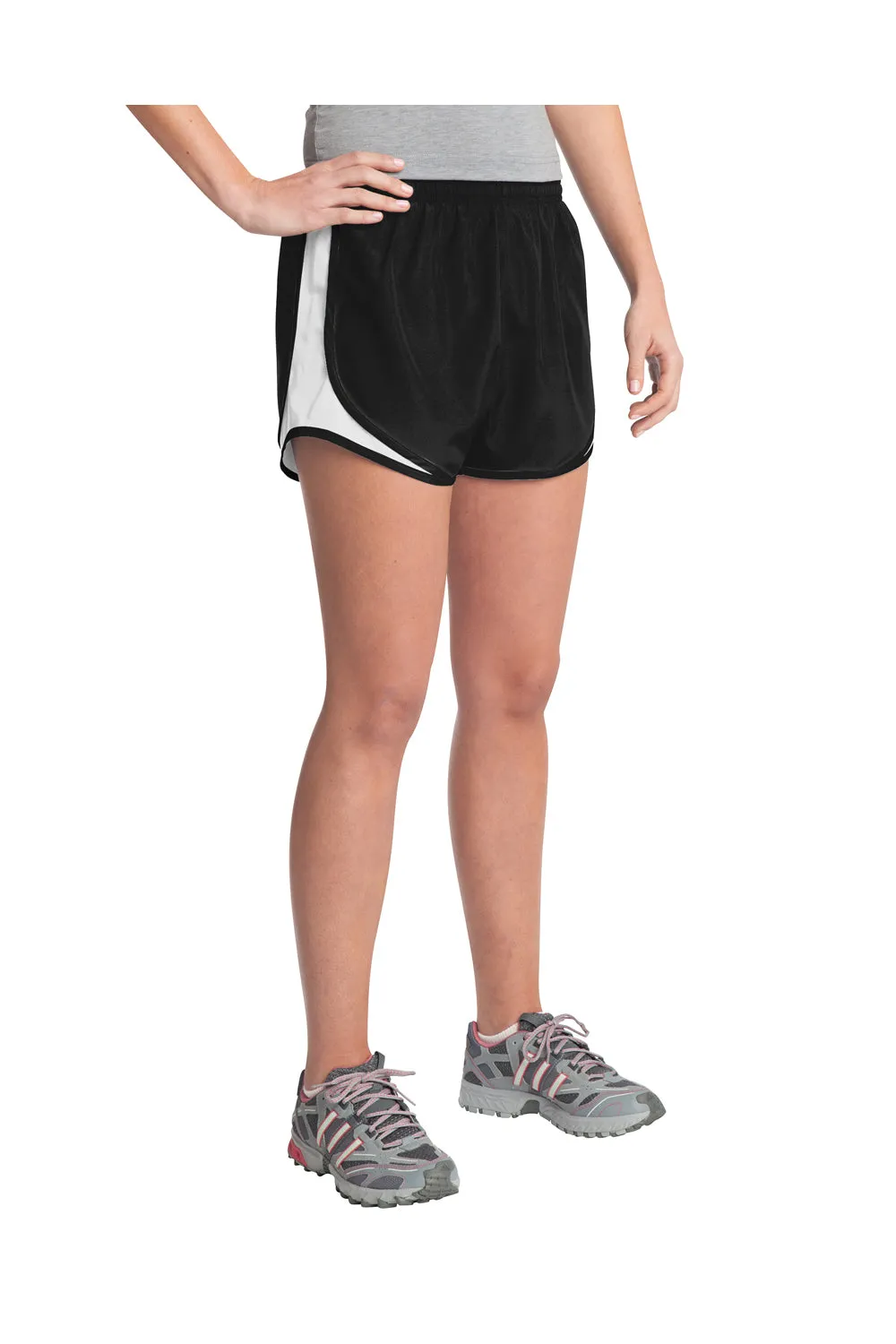 Sport-Tek Damen Cadence Feuchtigkeitstransportierende Shorts - Schwarz/Weiß/Schwarz