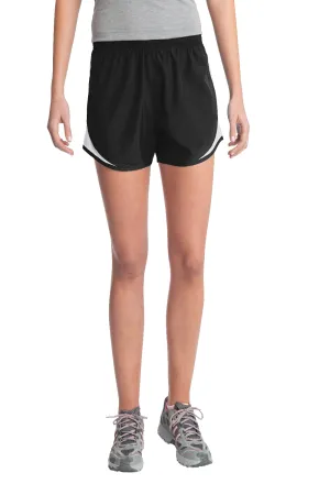 Sport-Tek Damen Cadence Feuchtigkeitstransportierende Shorts - Schwarz/Weiß/Schwarz