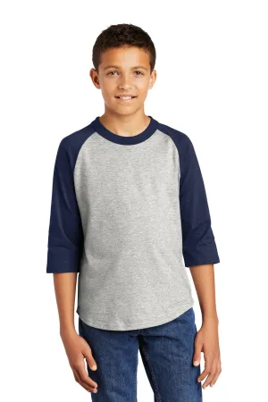 Sport-Tek Jugend 3/4-Ärmel Rundhals-T-Shirt - Heather Grau/Marineblau
