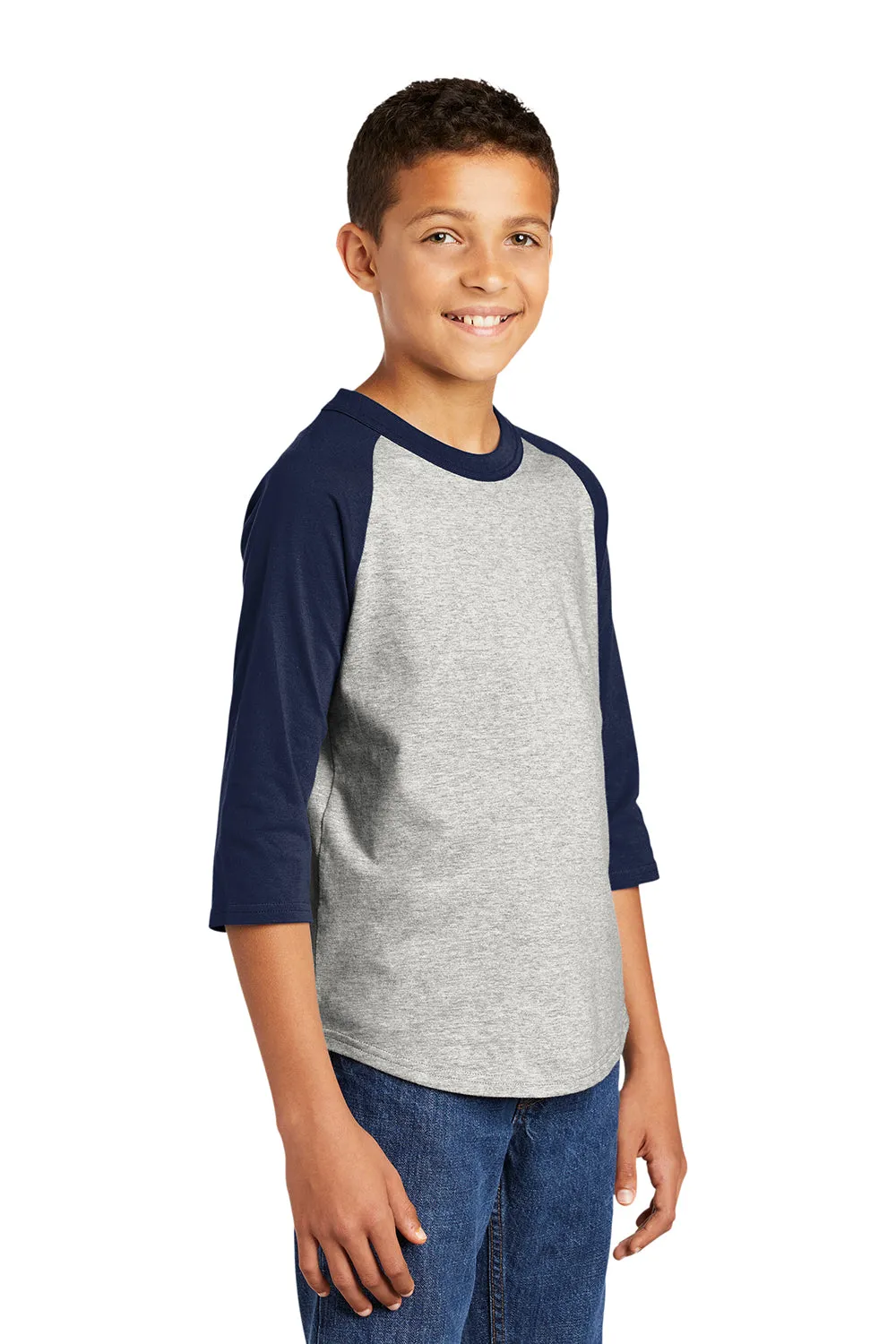 Sport-Tek Jugend 3/4-Ärmel Rundhals-T-Shirt - Heather Grau/Marineblau