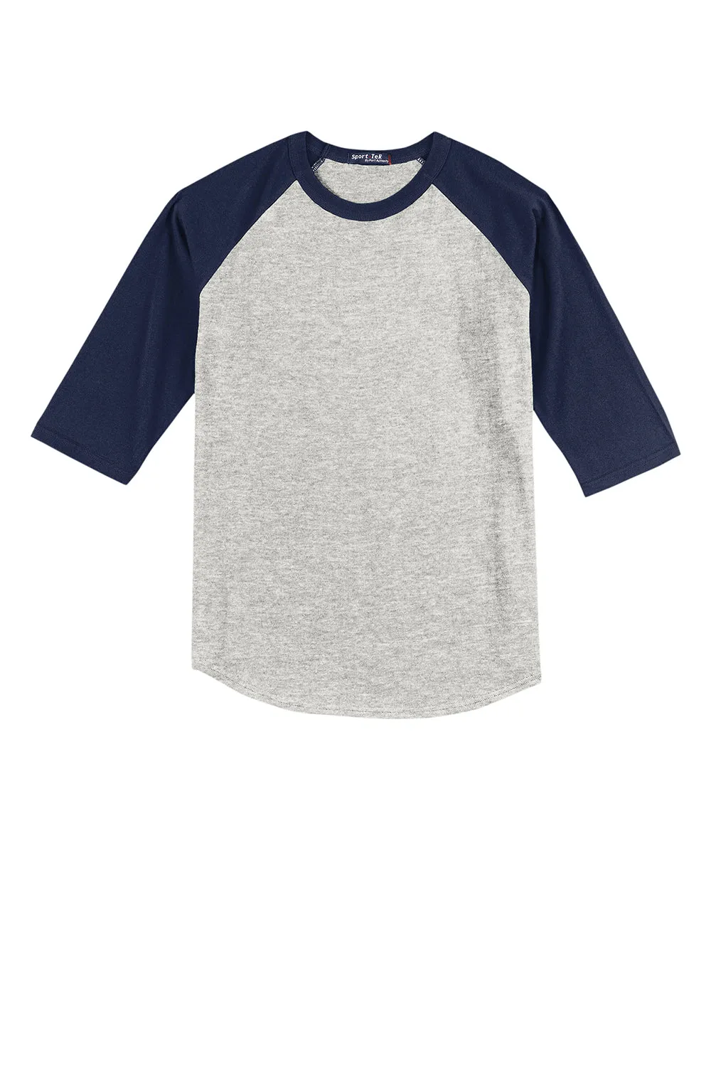 Sport-Tek Jugend 3/4-Ärmel Rundhals-T-Shirt - Heather Grau/Marineblau