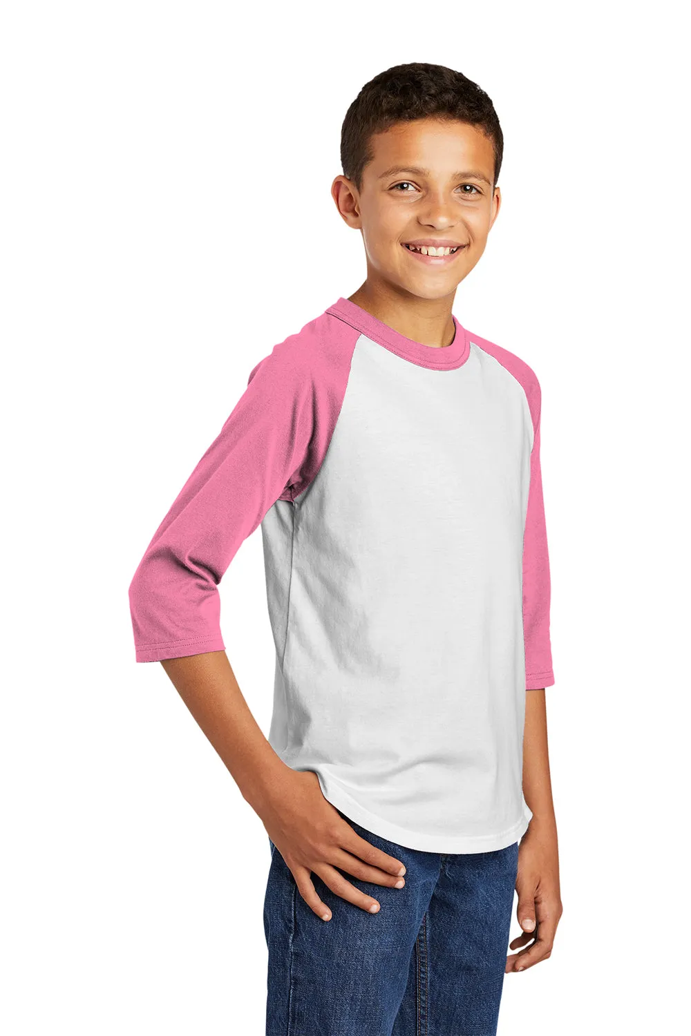 Sport-Tek Jugendliches 3/4-Ärmel Rundhals-T-Shirt - Weiß/Knallrosa