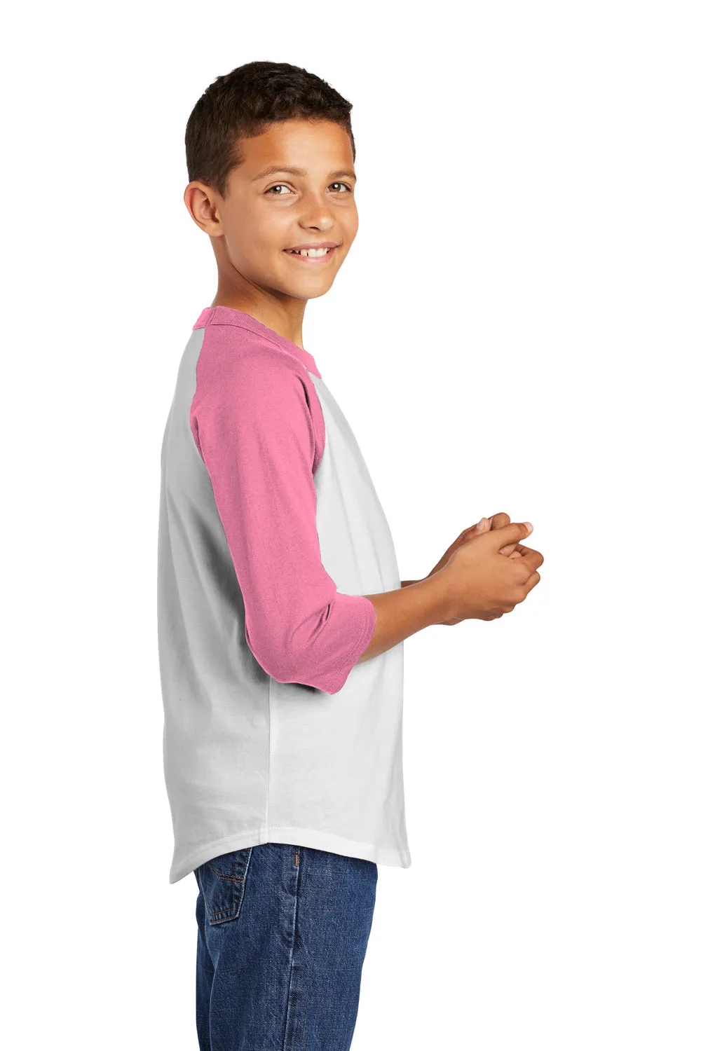 Sport-Tek Jugendliches 3/4-Ärmel Rundhals-T-Shirt - Weiß/Knallrosa