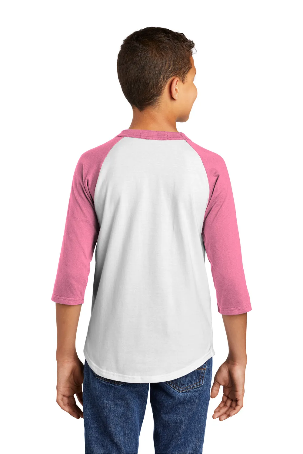 Sport-Tek Jugendliches 3/4-Ärmel Rundhals-T-Shirt - Weiß/Knallrosa