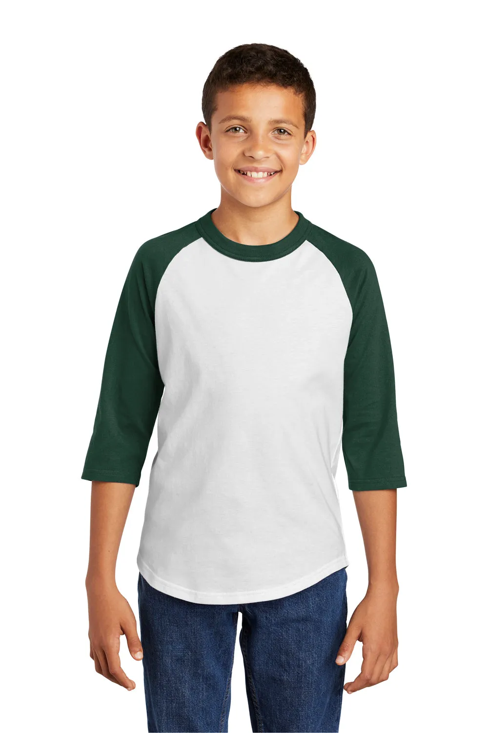 Sport-Tek Jugendliches 3/4-Ärmel Rundhals-T-Shirt - Weiß/Waldgrün
