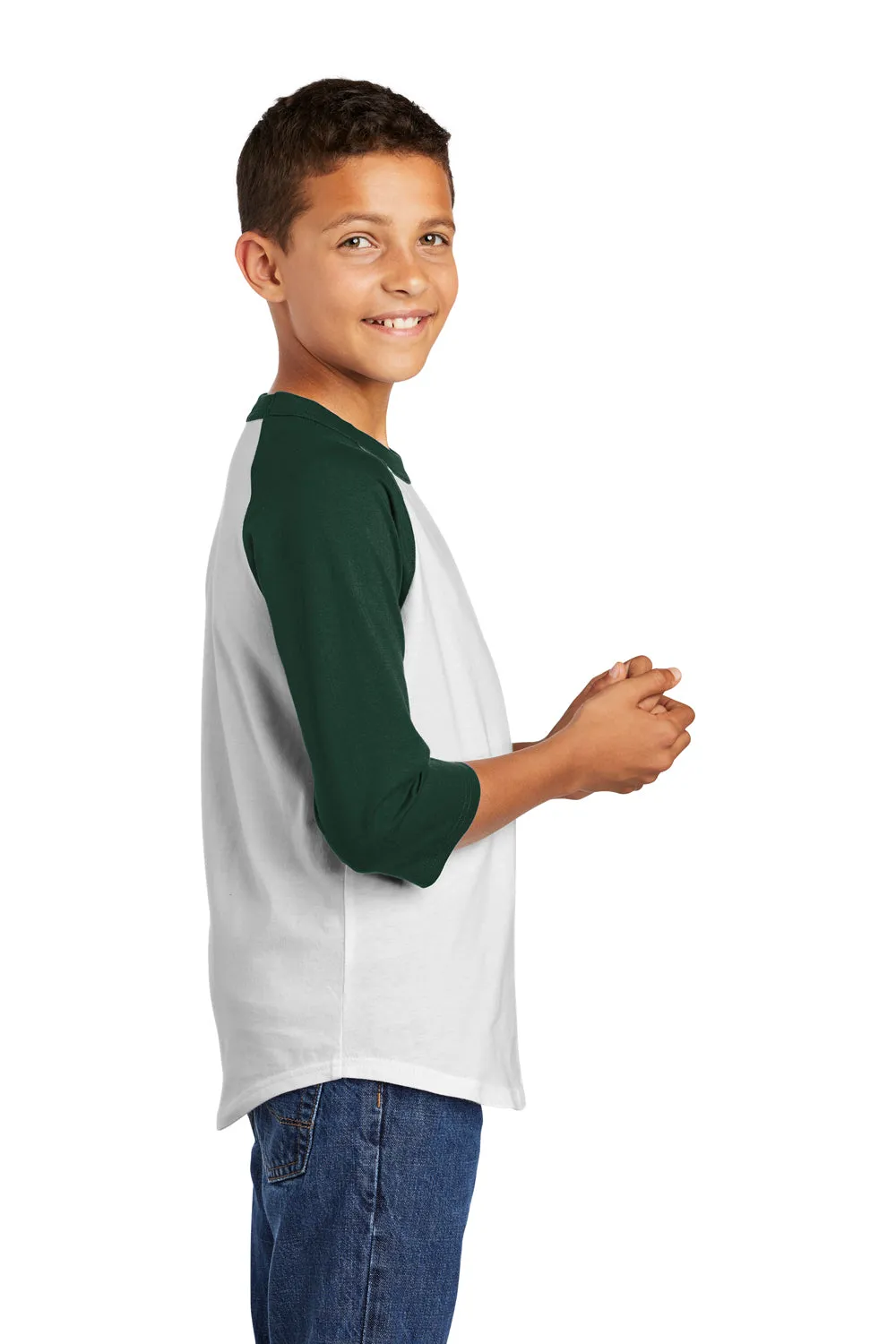 Sport-Tek Jugendliches 3/4-Ärmel Rundhals-T-Shirt - Weiß/Waldgrün