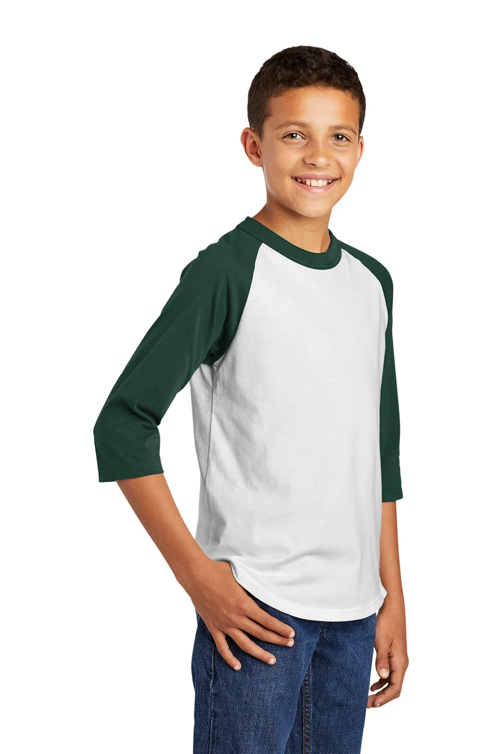 Sport-Tek Jugendliches 3/4-Ärmel Rundhals-T-Shirt - Weiß/Waldgrün