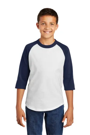 Sport-Tek Jugendliches 3/4-Ärmel Rundhals T-Shirt - Weiß/Marineblau
