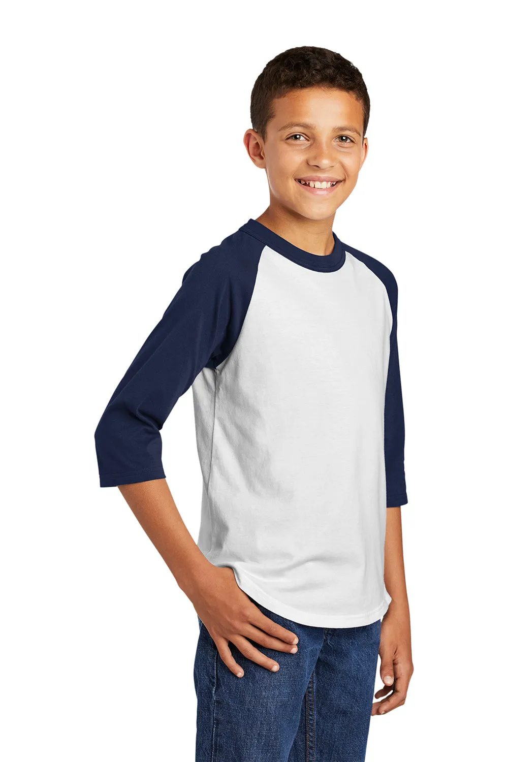 Sport-Tek Jugendliches 3/4-Ärmel Rundhals T-Shirt - Weiß/Marineblau