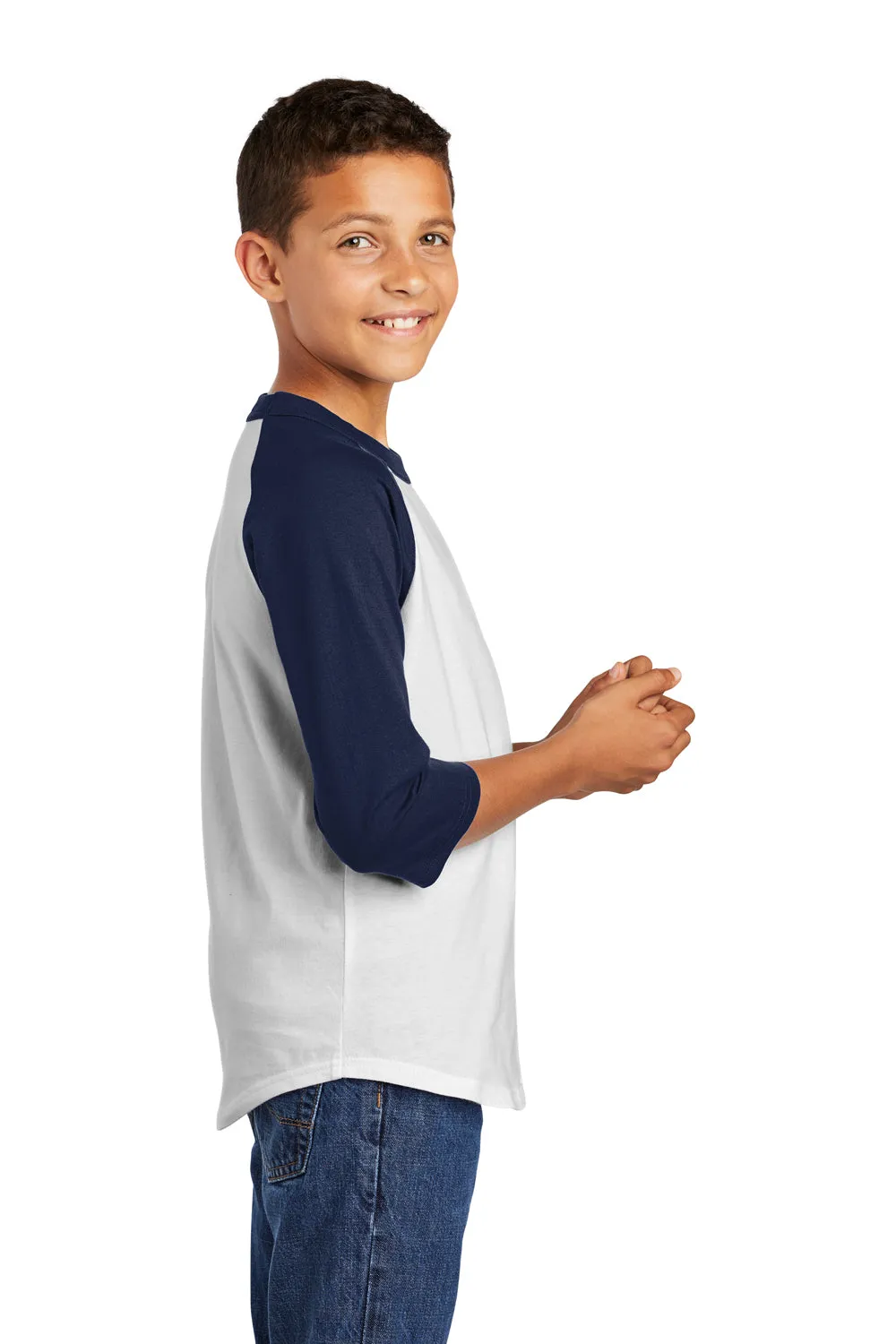 Sport-Tek Jugendliches 3/4-Ärmel Rundhals T-Shirt - Weiß/Marineblau