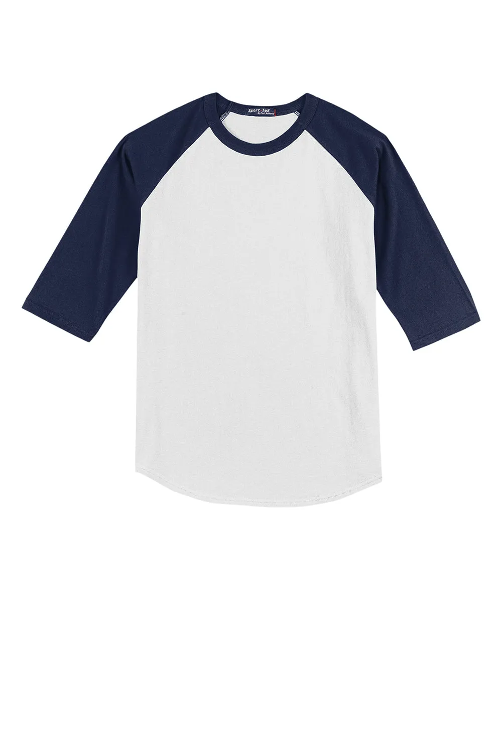 Sport-Tek Jugendliches 3/4-Ärmel Rundhals T-Shirt - Weiß/Marineblau