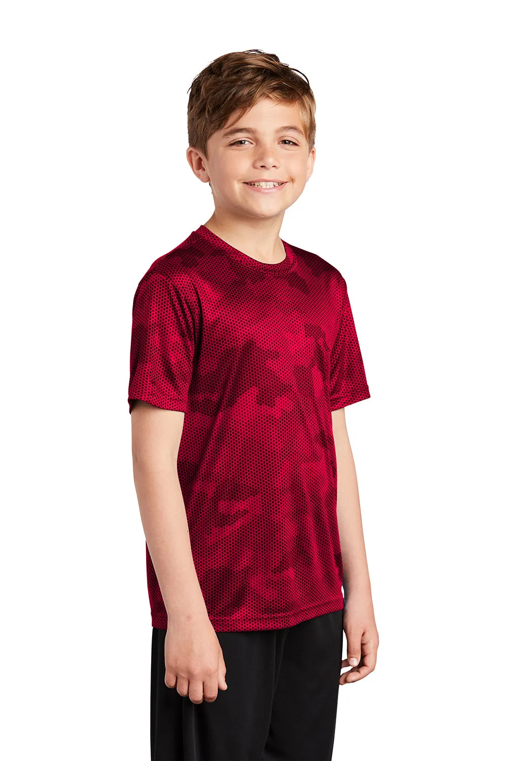 Sport-Tek Jugend CamoHex Feuchtigkeitstransportierendes Kurzarm-Crewneck T-Shirt - Tiefrot