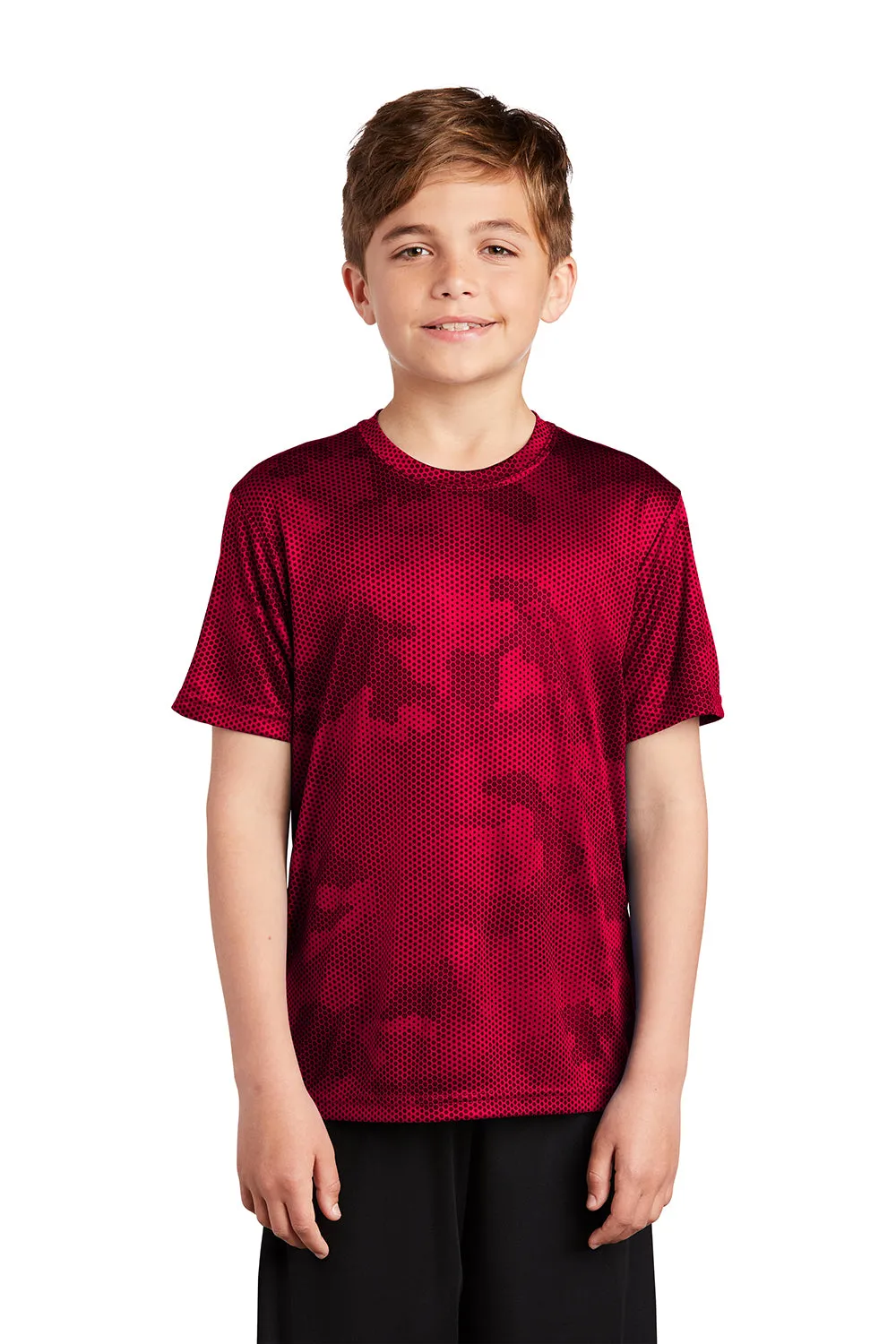 Sport-Tek Jugend CamoHex Feuchtigkeitstransportierendes Kurzarm-Crewneck T-Shirt - Tiefrot