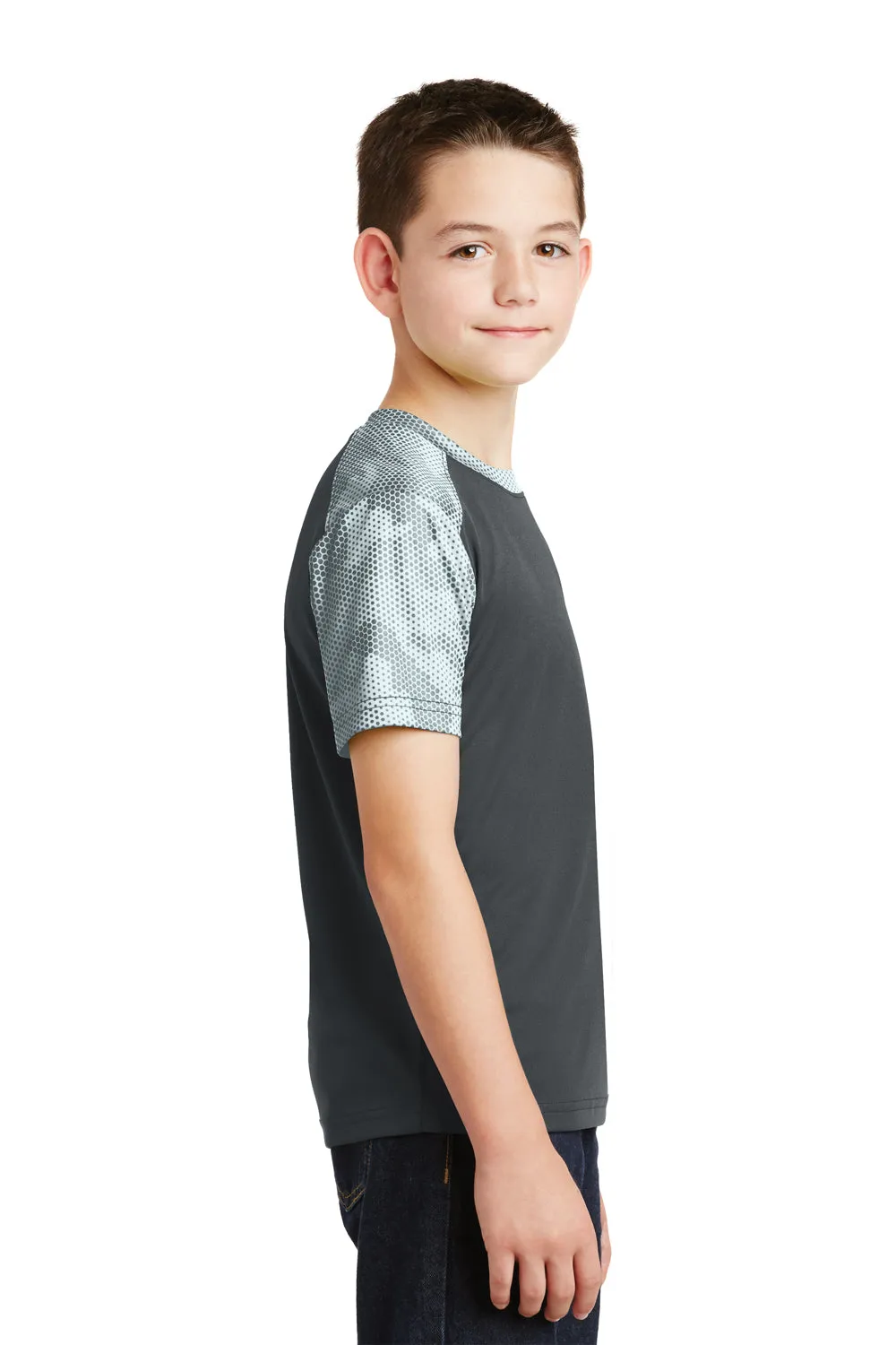 Sport-Tek Youth CamoHex Feuchtigkeitstransportierendes Kurzarm-Crewneck-T-Shirt - Eisen Grau/Weiß - Ausverkauf