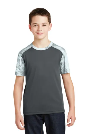 Sport-Tek Youth CamoHex Feuchtigkeitstransportierendes Kurzarm-Crewneck-T-Shirt - Eisen Grau/Weiß - Ausverkauf