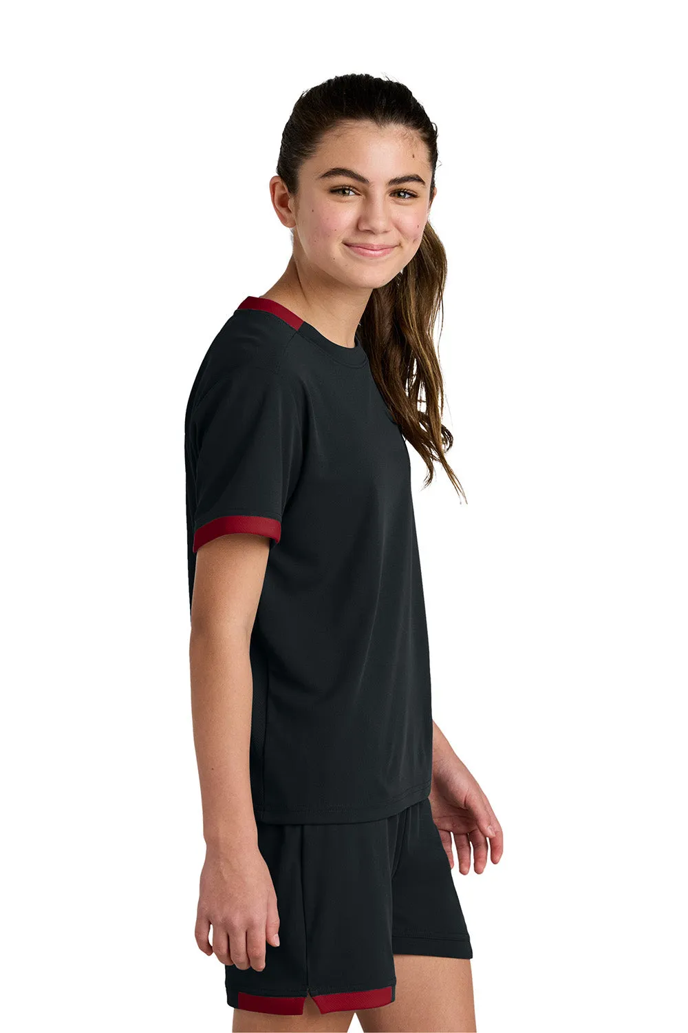 Sport-Tek Youth Club Feuchtigkeitstransportierendes Kurzarm-Crewneck-T-Shirt - Schwarz/Tiefrot